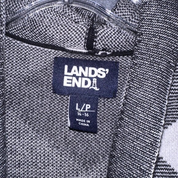 Lands End Womens Black Buffalo Check Open Front Sweater Cardigan Large Petite LP - Picture 5 of 7